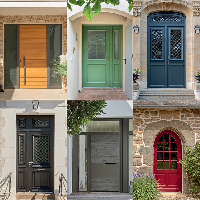 Exemples de portes d’entrée sur mesure en aluminium, acier, bois et bois-aluminium, de style contemporain ou traditionnel